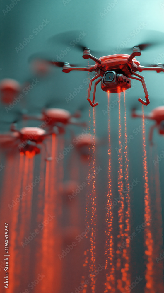 Poster swarm of red drones emitting glowing data streams in futuristic cybersecurity concept