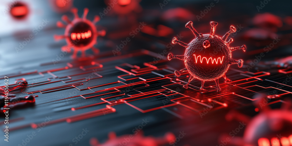Poster red virus like structures on digital circuit board, symbolizing cyberattack