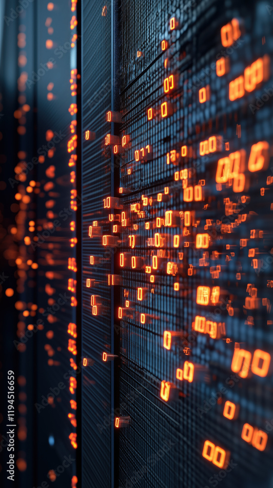 Poster fragmented firewall collapsing under surge of neon matrix like data flow