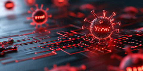 Red virus like structures on digital circuit board, symbolizing cyberattack