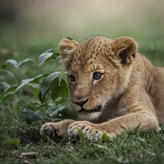 A lion cub playing with a leaf, white background.


