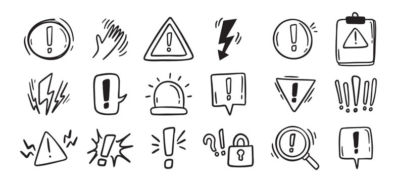 Warnings related hand drawn doodle simple icons set. Vector line drawing warnings related icons.