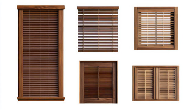 Window wooden rolling shutters, brown venetian blinds isolated on white background. Vector realistic set of wood jalousie curtains, louver shades for home or office interior
