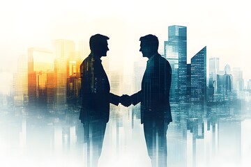 Double Exposure of Business Partnership Handshake Silhouette Against Modern Urban Cityscape Background, Symbolizing Corporate Success and Professional Collaboration