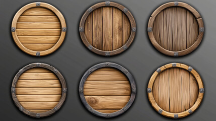 Orange wooden game sign board frame cartoon vector. Wood texture sign board ui panel isolated on transparrent background. Circle shape rustic icon set for farm mobile app gui interface illustration.