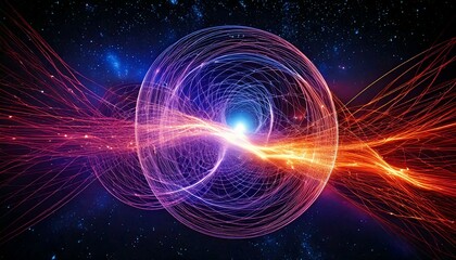 Obraz premium A digital art piece illustrating quantum entanglement with vibrant light threads weaving through a dark cosmic void, symbolizing the mysterious connections between particles