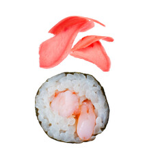 Classic sushi roll with shrimp and ginger close-up on transparent background