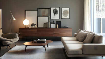 Neutral-tone living space with elegant furniture setup.