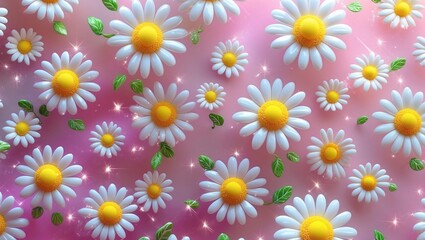Obraz premium Colorful floral pattern featuring daisy flowers on a vibrant pink background with sparkling accents creating a cheerful atmosphere