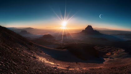 A high-resolution image of an exoplanet with two suns on the horizon, casting an orange and red glow over the planet's surface, creating a dramatic sky and highlighting alien terrain.