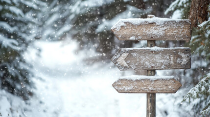Fototapeta premium Realistic set of wooden signboards covered with snow. Vector illustration of arrow sign posts, rectangular and oval direction indicators isolated on transparent background. Rustic vintage pointers
