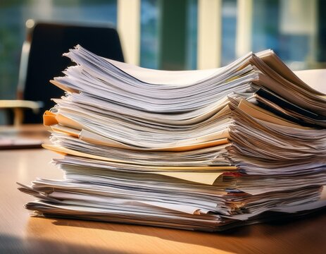 Generated image Cluttered stack of documents in an office setting