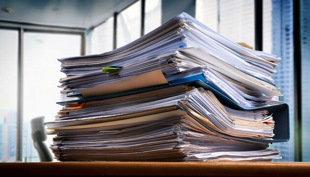 Generated image Cluttered stack of documents in an office setting