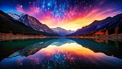 A serene mountain lake reflecting a sky filled with abstract quantum fields, representing the fusion of nature and quantum physics in a peaceful and otherworldly landscape.