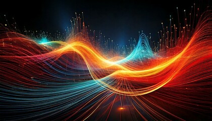 An artistic depiction of quantum wave interference, showing overlapping light waves in vibrant colors, representing the complex behavior of quantum particles.
