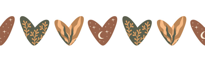 Valentine's day seamless border. Boho hearts with plants and moon. Isolated vector illustration for holiday design