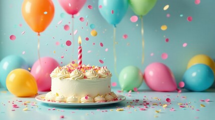 A delightful celebration featuring a frosted cake with a single candle, surrounded by pastel balloons and colorful confetti, creating a festive and joyful atmosphere.