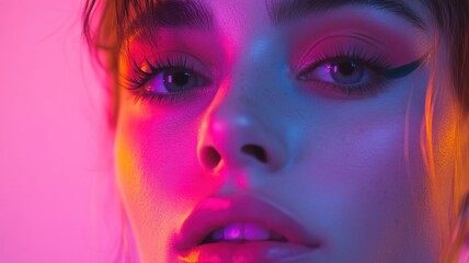 Woman with bold makeup, vibrant self-expression in neon and pastel tones. Women's Day
