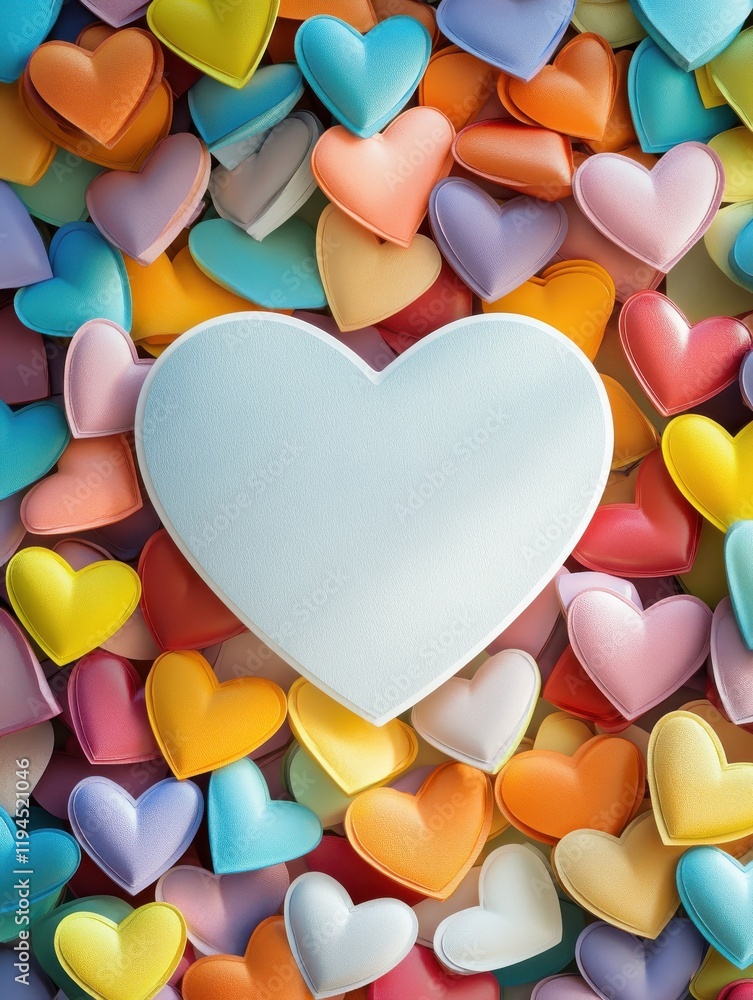 Poster multicolored of colorful hearts in various shades to form a larger heart shape, with a central white