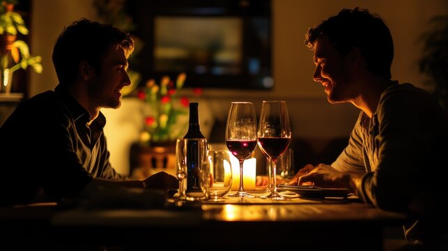 Two happy friends share moment cafe. Glasses of red wine on table, cozy vibe of evening at restaurant. Laughing men have fun together. Romantic dining. First date of gay couple. Joyful guys talk.