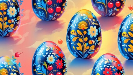 Ukrainian Easter eggs display vibrant floral patterns and traditional symbols in a colorful setup during the festive celebration