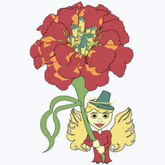 Congratulations on the holiday. The angel holds in his hands a large flower on which grows a leaf in the shape of the number eight.