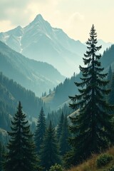 Fototapeta premium Misty mountain fir forest, vintage faded tones, scenic, texture