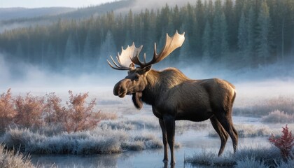 noble moose standing in a frosty morning mist in a serene valley
