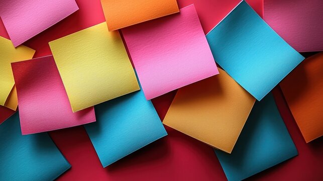 Colorful sticky notes scattered on a vibrant background, ideal for creative brainstorming and organization