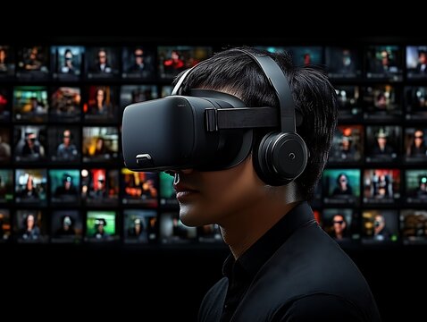 Man wearing VR headset immersed in virtual video wall.