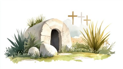 Empty tomb with crosses: watercolor illustration of easter resurrection scene