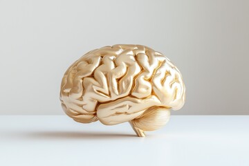 A golden brain model with intricate details, glowing softly, placed on a clean surface