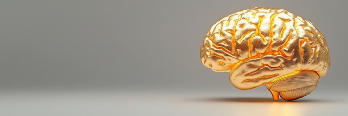A golden brain model with intricate details, glowing softly, placed on a clean surface