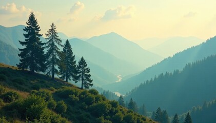 Fototapeta premium Vintage hazy fir trees on misty hill, retro feel , texture, stock