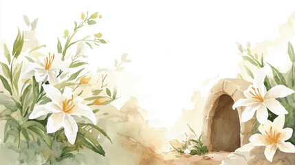 Watercolor easter lily garden and empty tomb background design