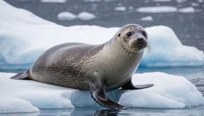 Fototapeta premium playful seal emerging from icy water with snow-covered backdrop