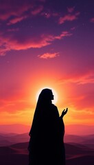 Silhouette of a muslim woman in prayer against a captivating sunset sky