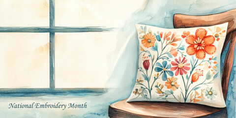 National Embroidery Month illustration featuring a embroidered floral pillow on a wooden chair near a window.