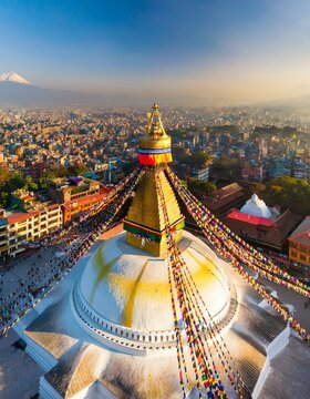 Generated image Aerial view of the Boudhanath Stupa in Kathmandu with colorful prayer flags fluttering