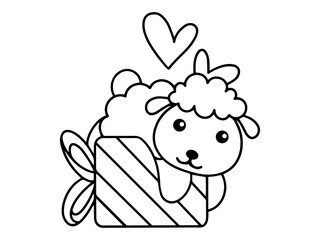 Valentine Day Sheep Holding Gift Line Art