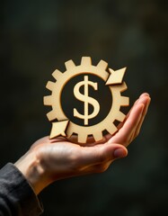 A close-up shot of a hand holding a golden gear with a dollar sign on it