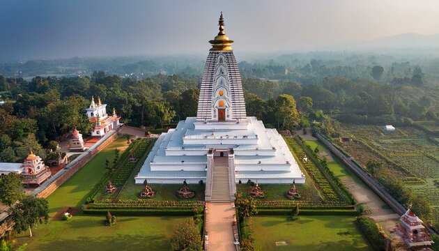 Generated image Aerial shot of Lumbini&rsquo;s Maya Devi Temple surrounded by peaceful gardens