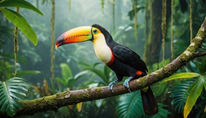 Naklejka premium vibrant toucan perched on a rainforest branch