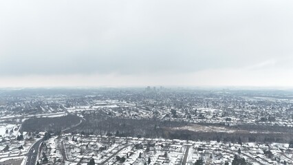 Aerial view of Kitchener, Ontario, covered in snow during winter