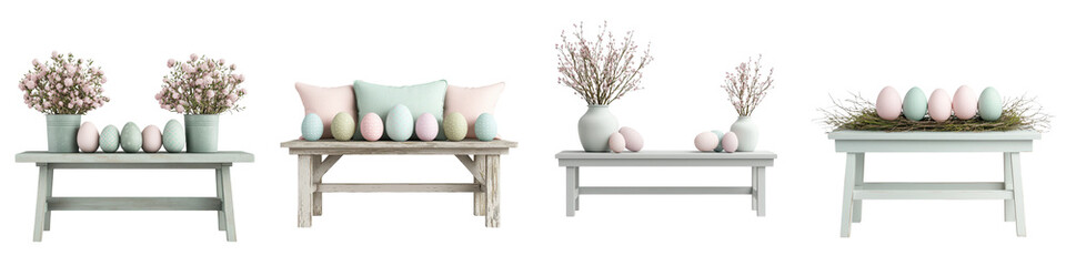 Rustic Wooden Table with Pastel Easter Eggs and Spring Flowers Arrangement