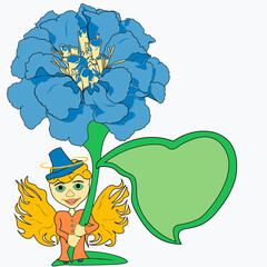 Congratulations on the holiday. The angel holds in his hands a large flower on which a leaf grows; you can write a congratulation on it.
