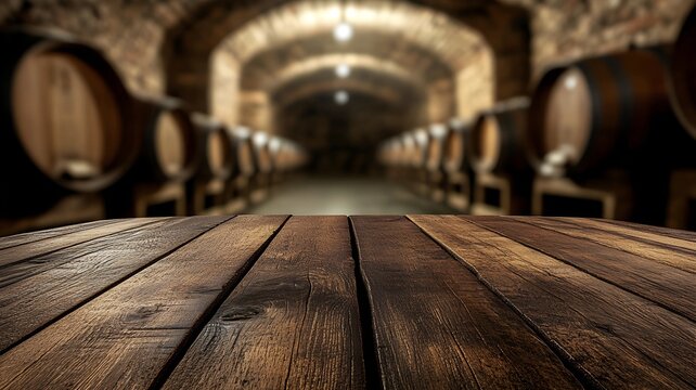 Empty Wooden Table with Blurred Wine Cellar Background &ndash; Perfect for Winery and Beverage Concepts