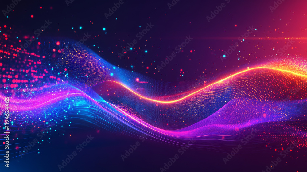 Poster neon audio voice frequency wave and abstract sound light vector background. radio pulse effect curve