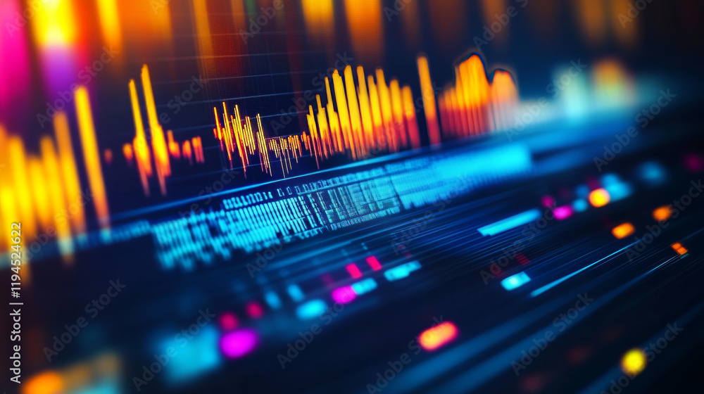 Poster neon audio voice frequency wave and abstract sound light vector background. radio pulse effect curve