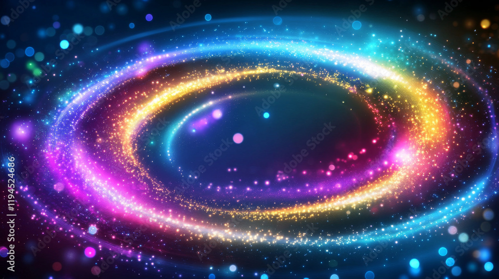 Poster magic light effect swirl with neon sparkle shine. flare ring motion glow isolated dynamic particle. 